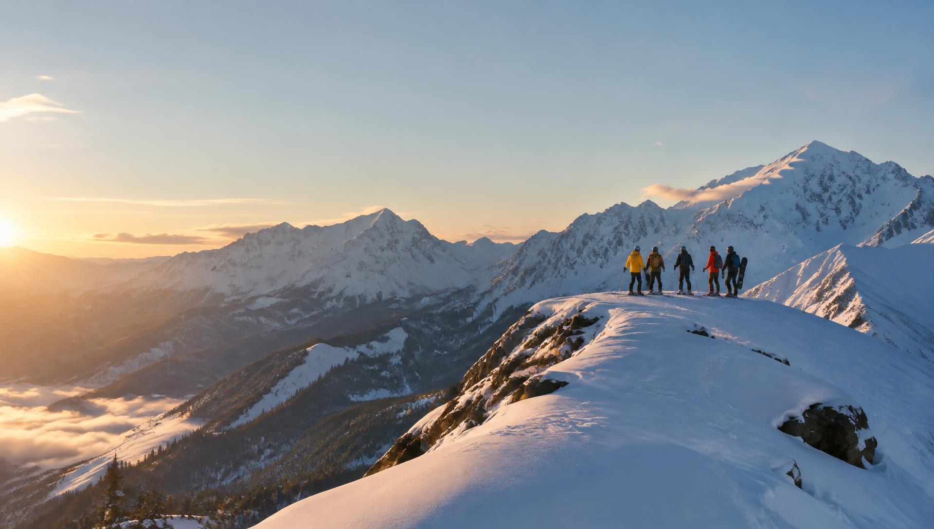 Group of skiers and snowboarders on a snowy ridge at sunrise